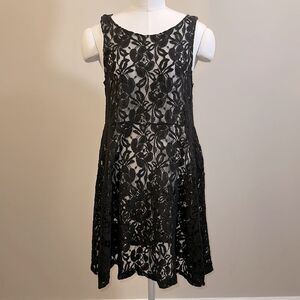 Free People Black Lace Floral Goth Sheer Netting Unlined Mini Dress Size Medium
